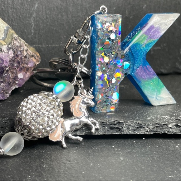 Custom Made Colorful Unicorn Keychain with Glitter Letter K - Picture 5 of 11